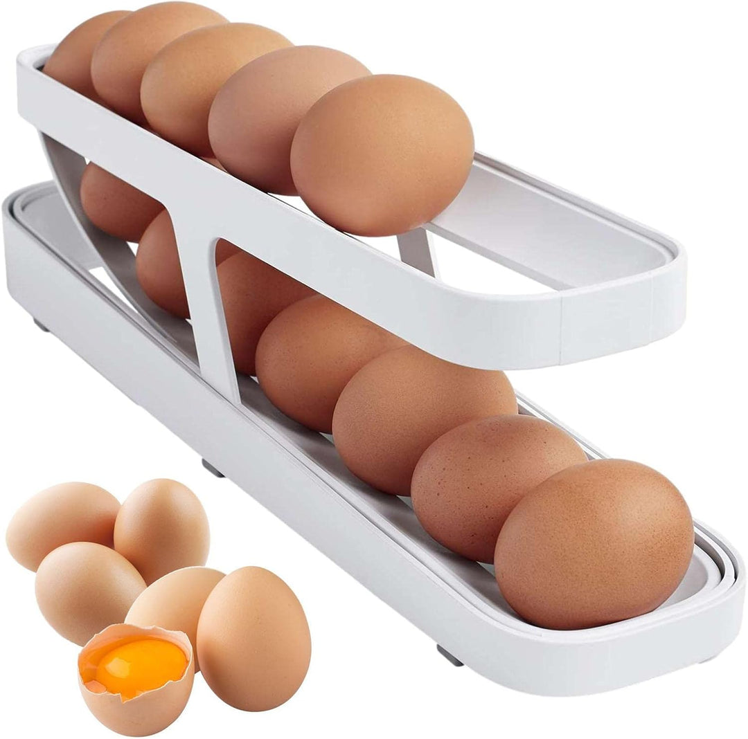 Beram Rolling Egg Dispenser – White 2-Tier Egg Holder Organizer Tray Rack Gravity-Fed Auto-Roll Egg Storage Container for Fridge & Countertop Holds 12–14 Eggs Durable GPPS + HIPS Mate