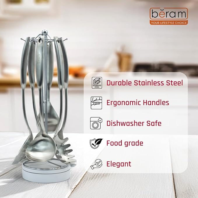 BERAM Elegant Hollow Handles Stainless Steel Cooking Utensils Set 6 Pieces Spatula Turner Rice Scoop Pasta Server Skimmer Soup Ladle Kitchen Tools for Daily Use Daily Use Cookware Set 304 St