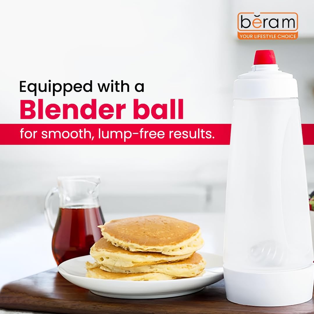 BERAM Pancake Mixer with Wire Whisk, 1 Litre, Hand Batter Dispenser, 2 in 1 Baking Tool, Bottle Shaker for Cupcakes, Crepes, Muffins, and More