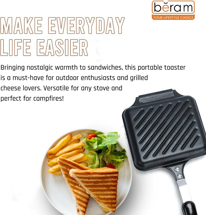 BERAM Sandwich Maker, Waffle Maker, Multifunctional, Double Sided Hand Toaster, Panini Press with Handles, Breakfast Cooker, Detachable Gas Grill and Cooker, Black