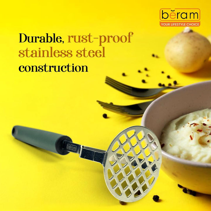 BERAM Potato Masher, Ricer for Vegetables, Stainless Steel with Comfortable Handle, Lump Free Tool, Perfect For Mashing Potatoes, Apples, Beans, Peas, and More, Heavy Duty Kitchen Tool
