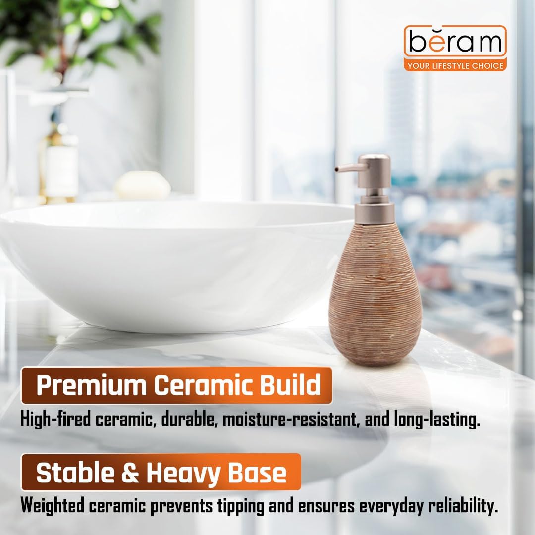 Beram 5PCS Brown Ceramic Bathroom Kitchen Accessory Set Natural Textured Design with Soap Dispenser brush Holder Tumbler Multifunction Holder & Soap Dish Rustic Boho Style (5PCS Set)