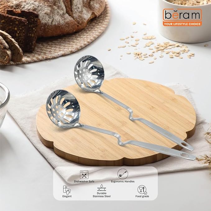 BERAM Skimmer Strainer Stainless Steel Wall Hanging Handle Design Skimmer Soup Ladle Elegant Design Cooking Utensils Kitchen Tool for Frying Straining and Draining