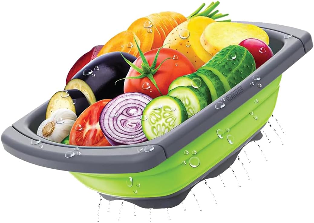 BERAM 40cm Colander, Extendable Handles, Kitchen Strainer, Collapsible, Over the Sink, Rice Drainer, Silicone, Space Saving & Collapsible Kitchen Accessories, Best for Daily Kitchen Storage and Use
