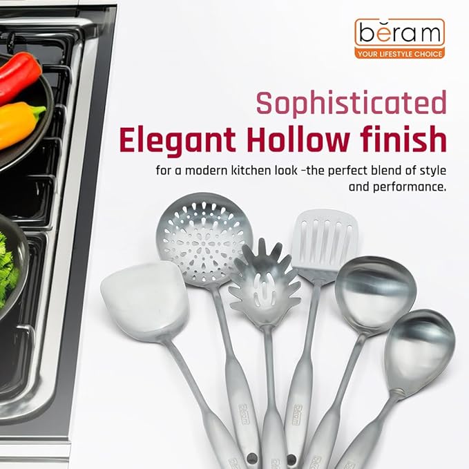BERAM Elegant Hollow Handles Stainless Steel Cooking Utensils Set 6 Pieces Spatula Turner Rice Scoop Pasta Server Skimmer Soup Ladle Kitchen Tools for Daily Use Daily Use Cookware Set 304 St