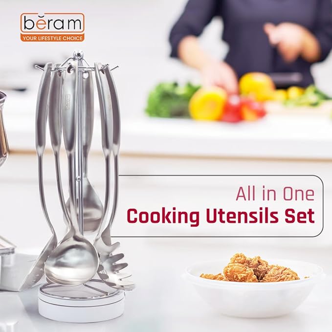 BERAM Elegant Hollow Handles Stainless Steel Cooking Utensils Set 6 Pieces Spatula Turner Rice Scoop Pasta Server Skimmer Soup Ladle Kitchen Tools for Daily Use Daily Use Cookware Set 304 St