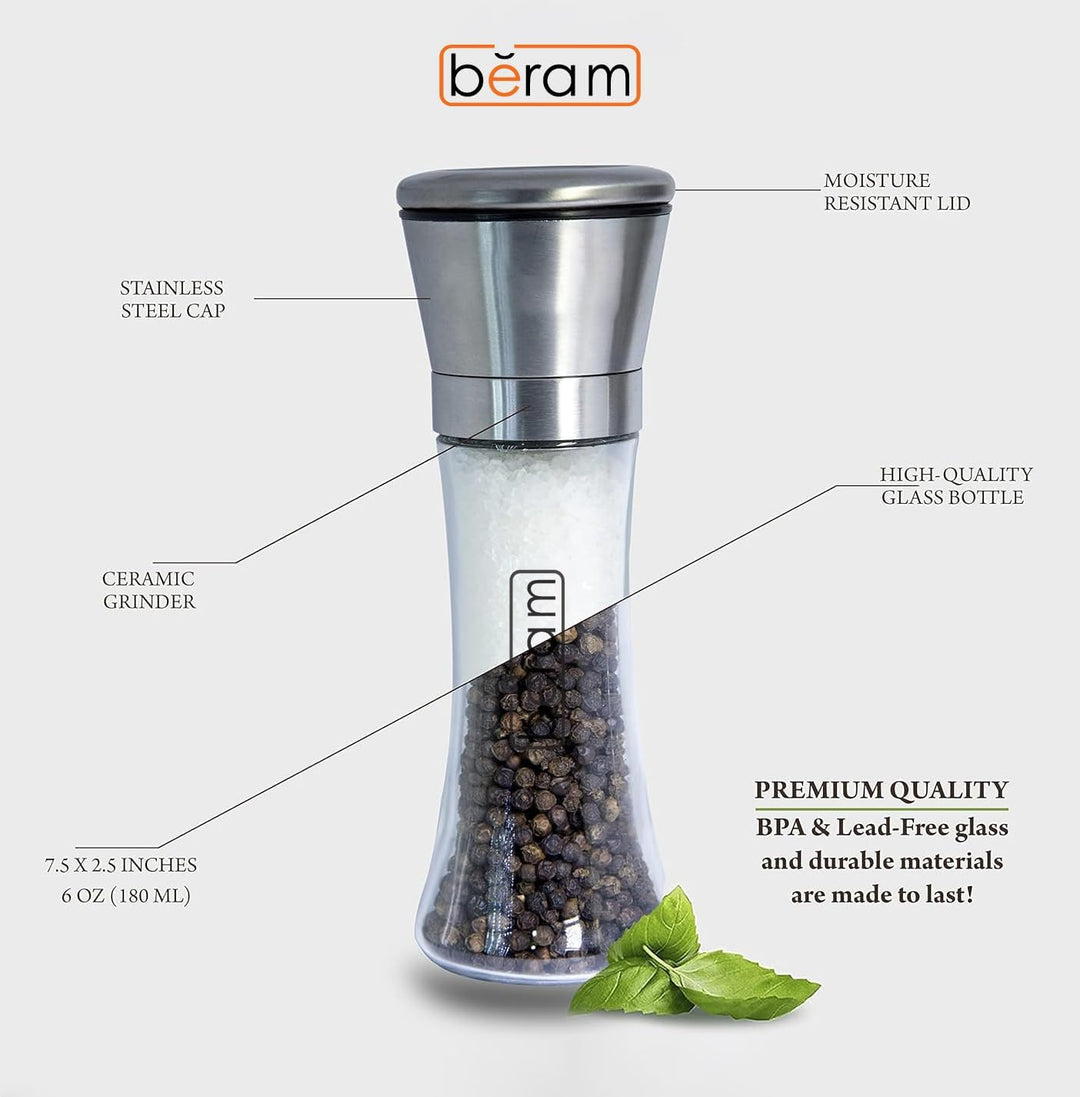 BERAM Salt and Pepper Grinder Set, Stainless Steel Mills with Tall Glass Body, Manual, Adjustable Coarseness for Sea Salt, Black Pepper, Spices, Multipurpose, Perfect for Home Kitchens & Restaurants