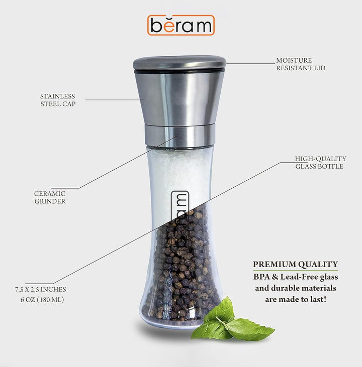 BERAM Salt and Pepper Grinder Set, Stainless Steel Mills with Tall Glass Body, Manual, Adjustable Coarseness for Sea Salt, Black Pepper, Spices, Multipurpose, Perfect for Home Kitchens & Restaurants