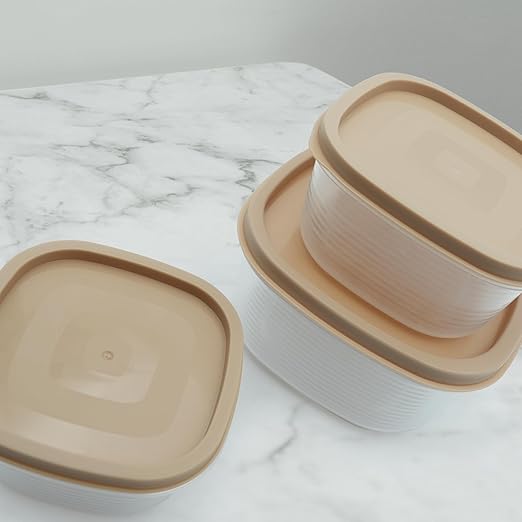 5-Piece Beige Food Storage Container Set with Lids BPA-Free Microwave Freezer & Dishwasher Safe Leakproof Stackable Plastic Meal Prep Containers for Kitchen Pantry and Lunch Storage