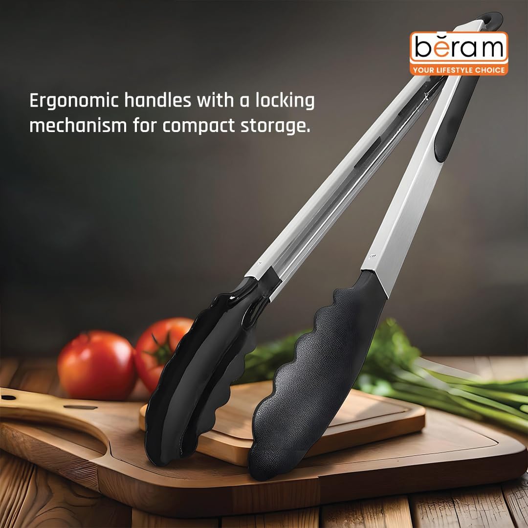 BERAM 270°C Heat Resistant Kitchen Tongs Set of 3- 18/8 Stainless Steel Tongs with Non Stick Silicone Tips 12,9,7 inch for Grilling BBQ Frying Salad and Food Serving Durable Locking Tongs Black