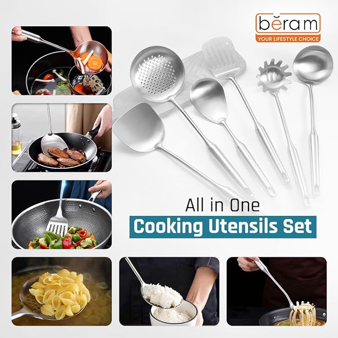 BERAM Stainless Steel Cooking Set, 304 Utensils Set of 6 with Stand – Pasta Server, Rice Scoop, Turner, Spatula, Soup Ladle, Skimmer – Kitchen Tools for Daily Use