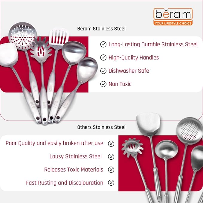 BERAM Elegant Hollow Handles Stainless Steel Cooking Utensils Set 6 Pieces Spatula Turner Rice Scoop Pasta Server Skimmer Soup Ladle Kitchen Tools for Daily Use Daily Use Cookware Set 304 St