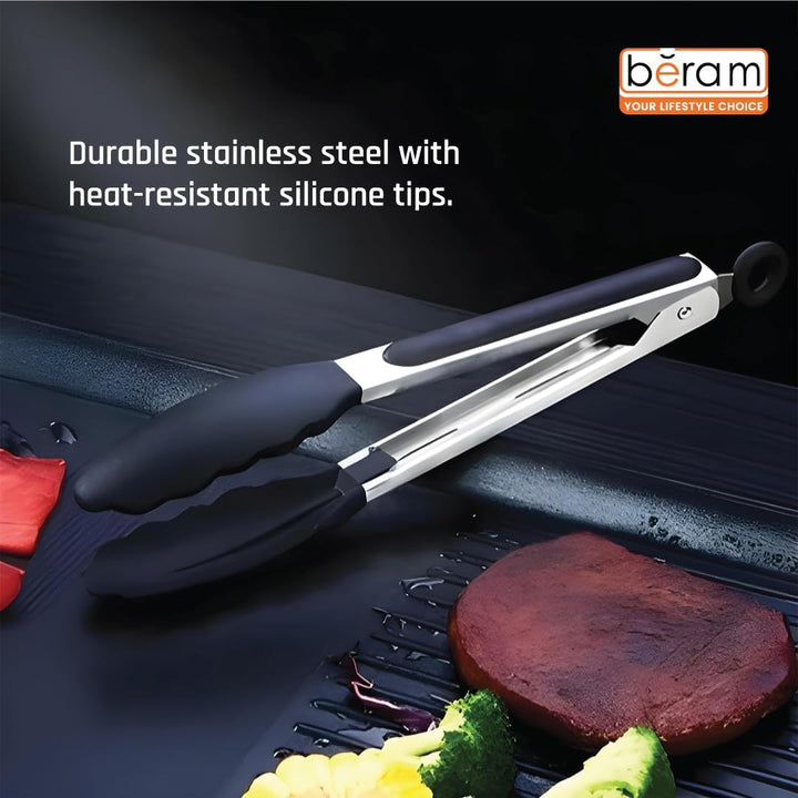 BERAM 270°C Heat Resistant Kitchen Tongs Set of 3- 18/8 Stainless Steel Tongs with Non Stick Silicone Tips 12,9,7 inch for Grilling BBQ Frying Salad and Food Serving Durable Locking Tongs Black