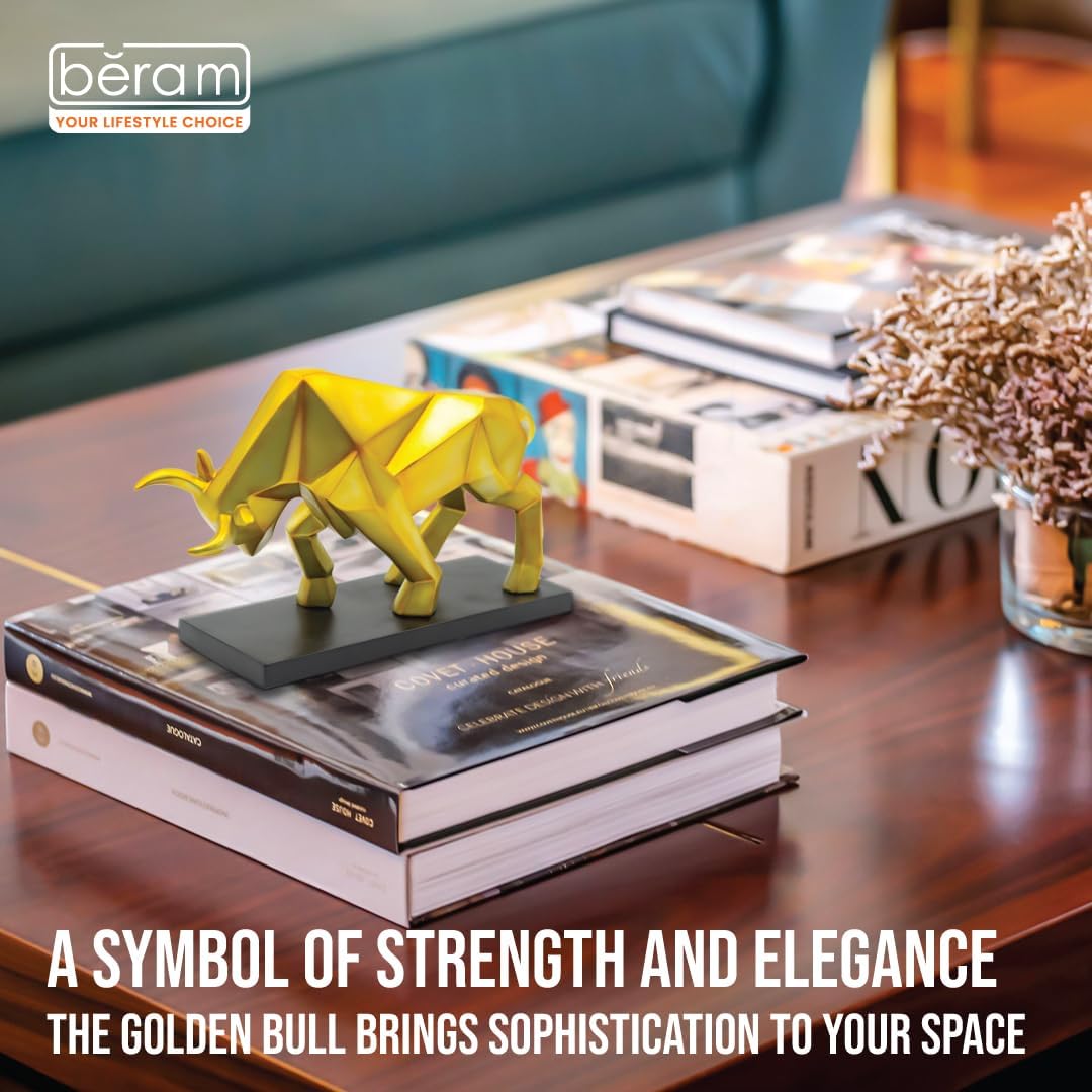 BERAM Golden Bull Ceramic Statue – Modern Abstract Art Sculpture for Home Decor, Premium Shelf Ornament for Office, Living Room, Dining Room, and Gift Giving