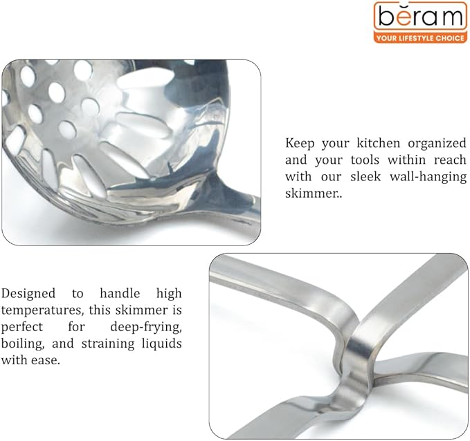 BERAM Skimmer Strainer Stainless Steel Wall Hanging Handle Design Skimmer Soup Ladle Elegant Design Cooking Utensils Kitchen Tool for Frying Straining and Draining
