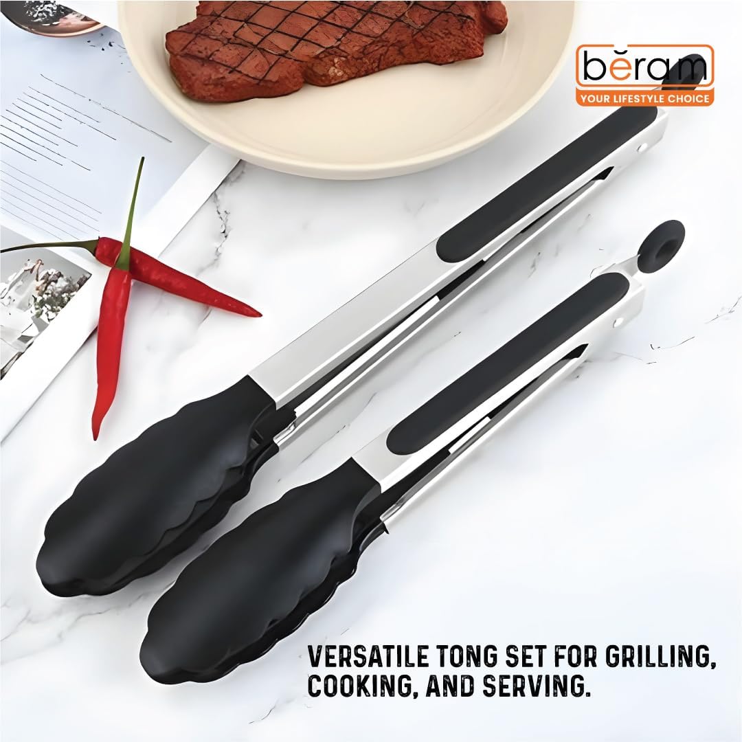 BERAM 270°C Heat Resistant Kitchen Tongs Set of 3- 18/8 Stainless Steel Tongs with Non Stick Silicone Tips 12,9,7 inch for Grilling BBQ Frying Salad and Food Serving Durable Locking Tongs Black