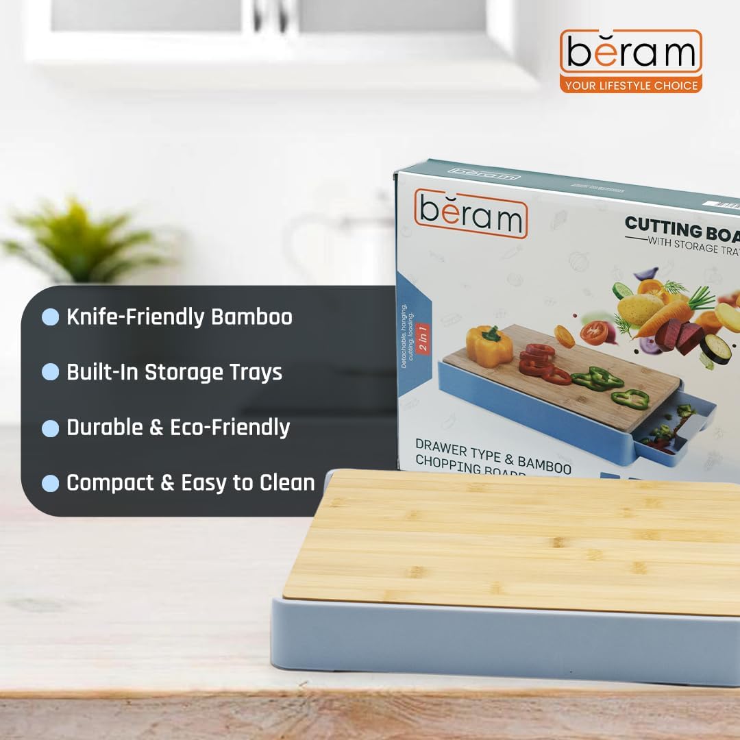 BERAM Bamboo Chopping Board, Wooden Cutting Board for Kitchen Use, Food Storage Mechanism, Wall Mounted Design, Multi-Purpose Surface Protector