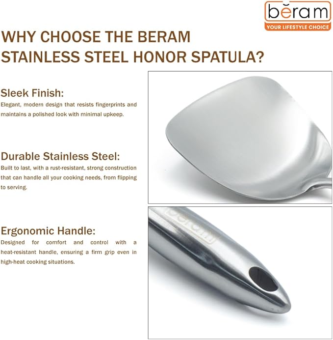 BERAM Honor Spatula Cooking Utensil 304 Stainless Steel Kitchen Tool Frying Spoon 100% Food Grade Compact Elegant Design Silver