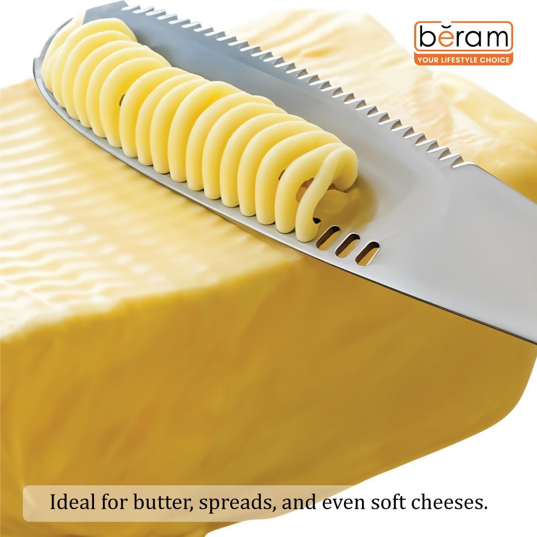 BERAM Butter Knife, 3 in 1 Heavy Duty Scraper, Cheese Knife, Stainless Steel, Butter Curler, Spreader with Serrated Edge, Slots for Cutting Vegetables, Fruits, Jam, Peanut Butter and Cheese