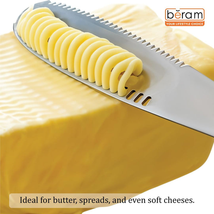 BERAM Butter Knife, 3 in 1 Heavy Duty Scraper, Cheese Knife, Stainless Steel, Butter Curler, Spreader with Serrated Edge, Slots for Cutting Vegetables, Fruits, Jam, Peanut Butter and Cheese
