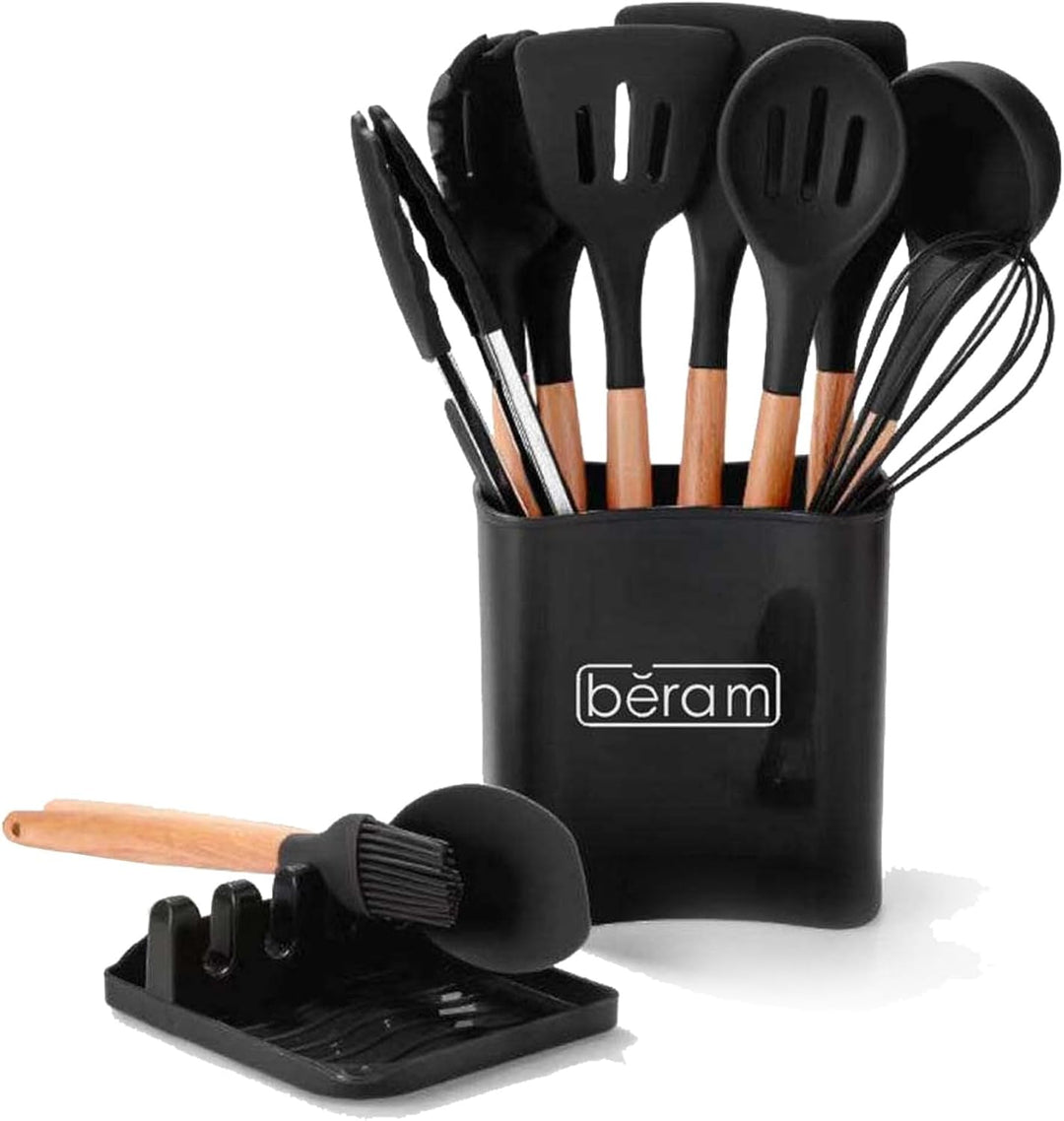 BERAM Silicone Cooking Utensil Set, 13 Pieces, Wooden Handles, Kitchen Spatula Set, Nonstick Cookware, Non Toxic, Heat Resistant, Kitchen Tools Set With Storage Bucket and Lid Rest, Black