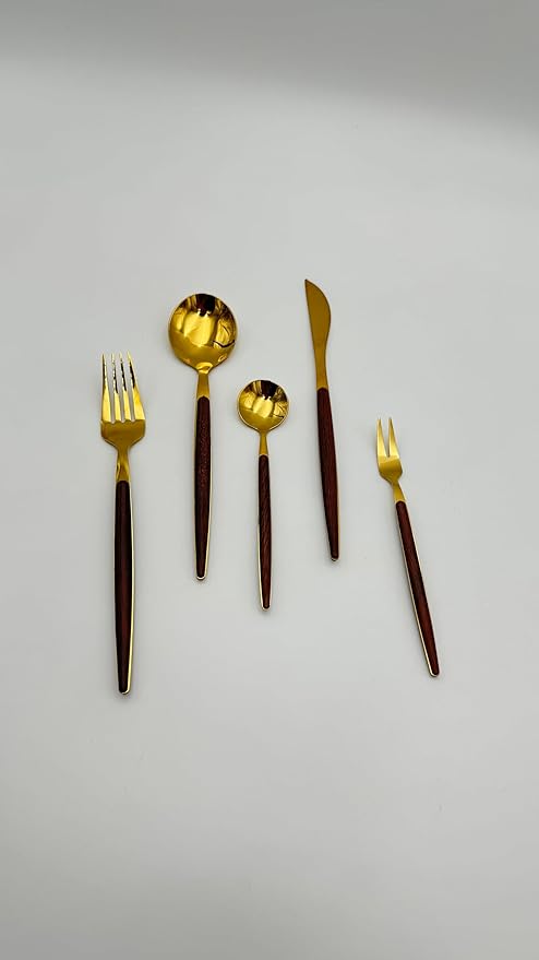 BERAM Golden Timber 5-Piece Cutlery Set – Gold Stainless Steel Flatware with Dark Brown Wooden Handles – Elegant Dinnerware for Daily Use