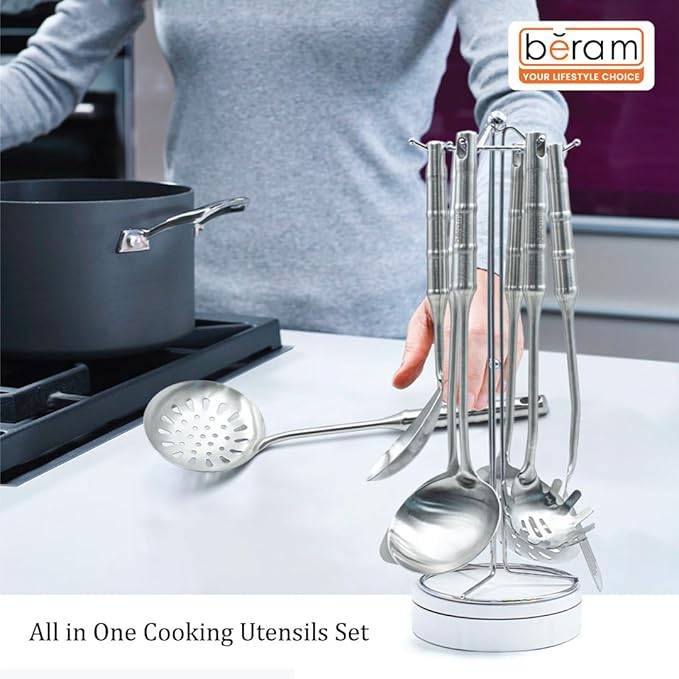 BERAM Cooking Utensils Set, 304 Stainless Steel, 6 Pieces, Soup Spoon, Spatula, Slotted Turner, Rice Scoop, Pasta Server, Skimmer, Food Grade, Kitchen Tools with Bamboo Shaped Handles