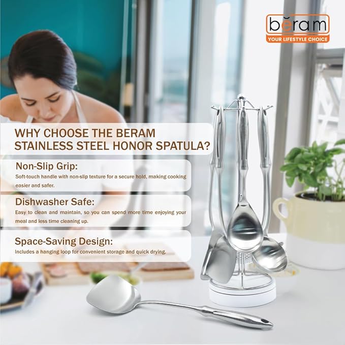 BERAM Honor Spatula Cooking Utensil 304 Stainless Steel Kitchen Tool Frying Spoon 100% Food Grade Compact Elegant Design Silver