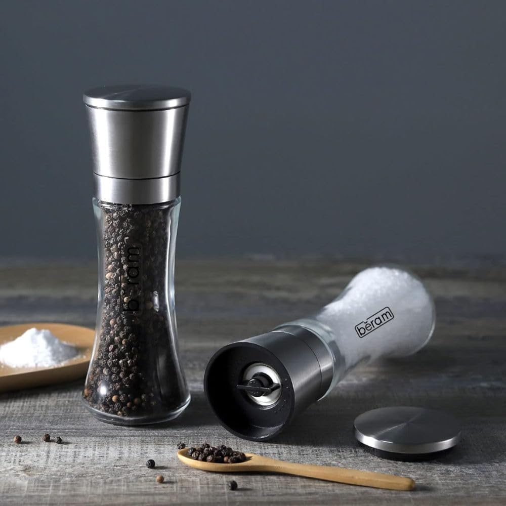 BERAM Salt and Pepper Grinder Set, Stainless Steel Mills with Tall Glass Body, Manual, Adjustable Coarseness for Sea Salt, Black Pepper, Spices, Multipurpose, Perfect for Home Kitchens & Restaurants