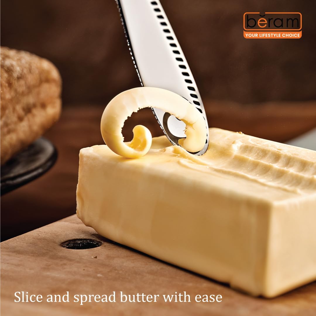 BERAM Butter Knife, 3 in 1 Heavy Duty Scraper, Cheese Knife, Stainless Steel, Butter Curler, Spreader with Serrated Edge, Slots for Cutting Vegetables, Fruits, Jam, Peanut Butter and Cheese