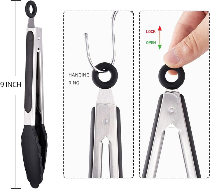 BERAM 270℃ Cooking Tongs, 9 Inch Silicone Kitchen Tongs with Non-Stick Rubber Tips, Padlock System & 18/8 Stainless Steel Handle for Grilling, BBQ, Frying, Serving, Heat Resistant, Non-Scratch