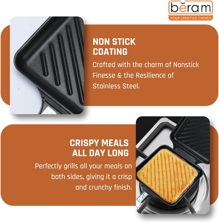 BERAM Sandwich Maker, Waffle Maker, Multifunctional, Double Sided Hand Toaster, Panini Press with Handles, Breakfast Cooker, Detachable Gas Grill and Cooker, Black