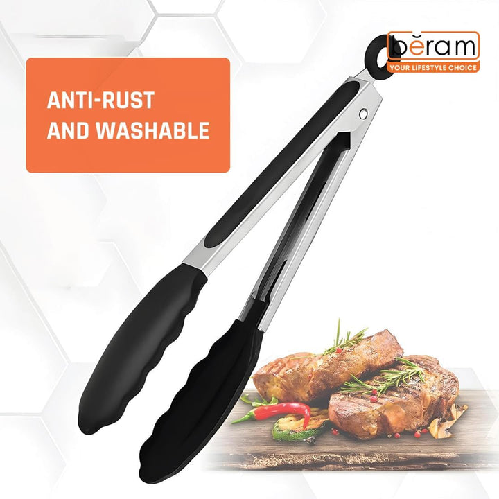 BERAM 270°C Heat Resistant Kitchen Tongs Set of 3- 18/8 Stainless Steel Tongs with Non Stick Silicone Tips 12,9,7 inch for Grilling BBQ Frying Salad and Food Serving Durable Locking Tongs Black