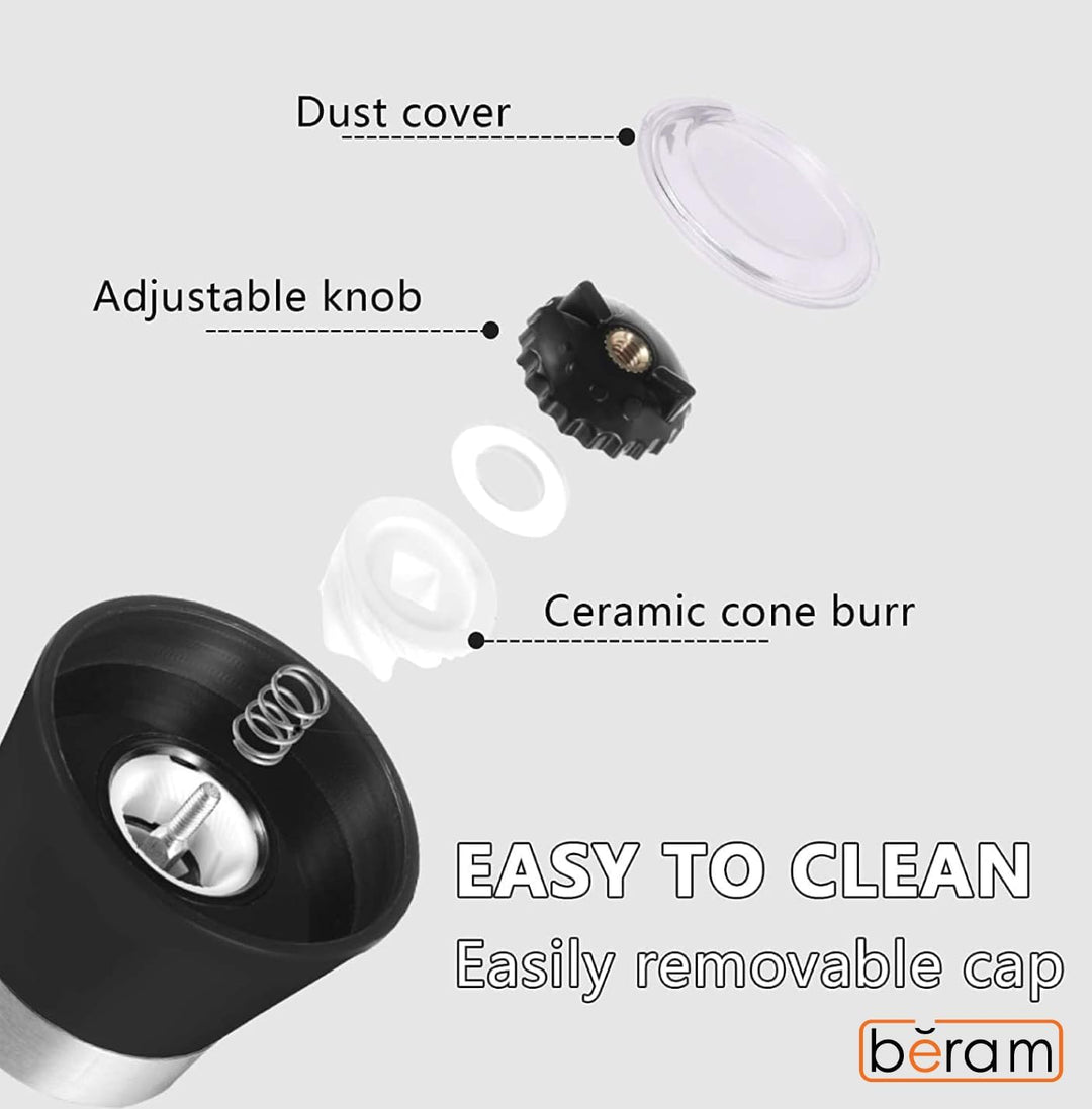 BERAM Salt and Pepper Grinder Set, Stainless Steel Mills with Tall Glass Body, Manual, Adjustable Coarseness for Sea Salt, Black Pepper, Spices, Multipurpose, Perfect for Home Kitchens & Restaurants