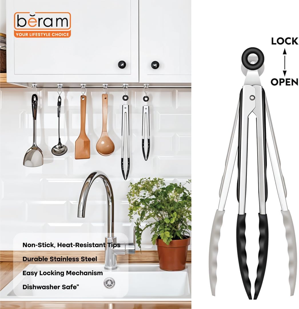 BERAM 270℃ Cooking Tongs, 9 Inch Silicone Kitchen Tongs with Non-Stick Rubber Tips, Padlock System & 18/8 Stainless Steel Handle for Grilling, BBQ, Frying, Serving, Heat Resistant, Non-Scratch