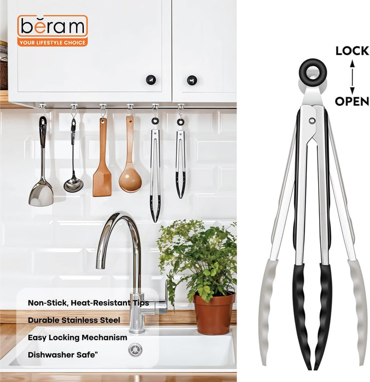 BERAM 270℃ Cooking Tongs, 9 Inch Silicone Kitchen Tongs with Non-Stick Rubber Tips, Padlock System & 18/8 Stainless Steel Handle for Grilling, BBQ, Frying, Serving, Heat Resistant, Non-Scratch