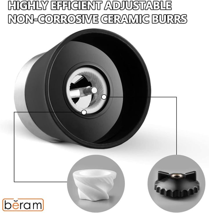 BERAM Salt and Pepper Grinder Set, Stainless Steel Mills with Tall Glass Body, Manual, Adjustable Coarseness for Sea Salt, Black Pepper, Spices, Multipurpose, Perfect for Home Kitchens & Restaurants