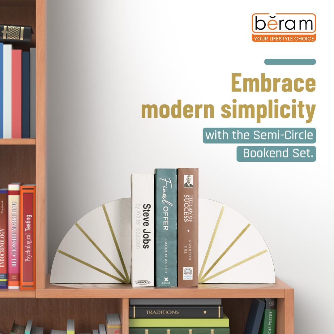 BERAM Circle Bookends, Ceramic Statue Figurines, Art Sculpture, Modern Home Decor Collection, Abstract Indoor Shelf Ornaments, Office, Living Room, Book Shelf Pieces, White & Gold