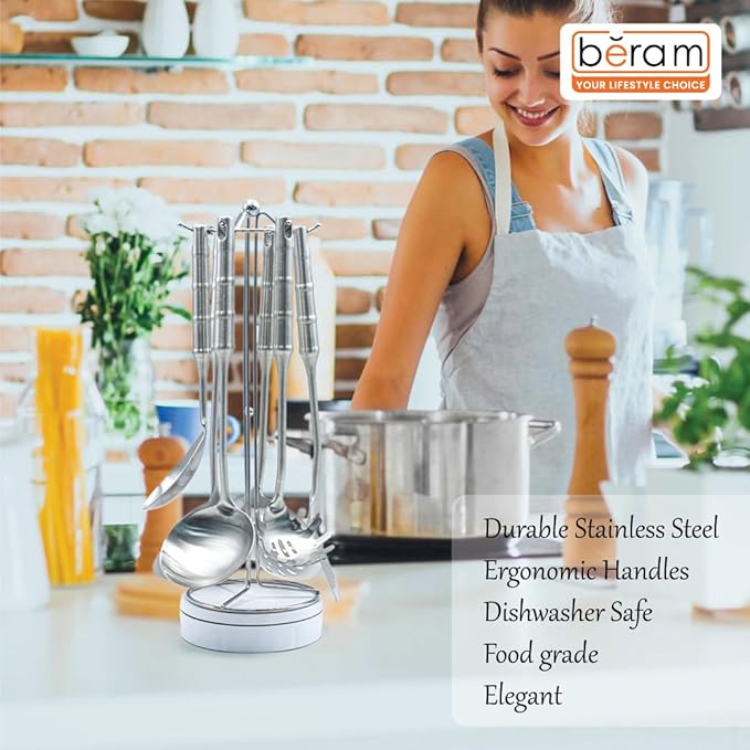 BERAM Cooking Utensils Set, 304 Stainless Steel, 6 Pieces, Soup Spoon, Spatula, Slotted Turner, Rice Scoop, Pasta Server, Skimmer, Food Grade, Kitchen Tools with Bamboo Shaped Handles