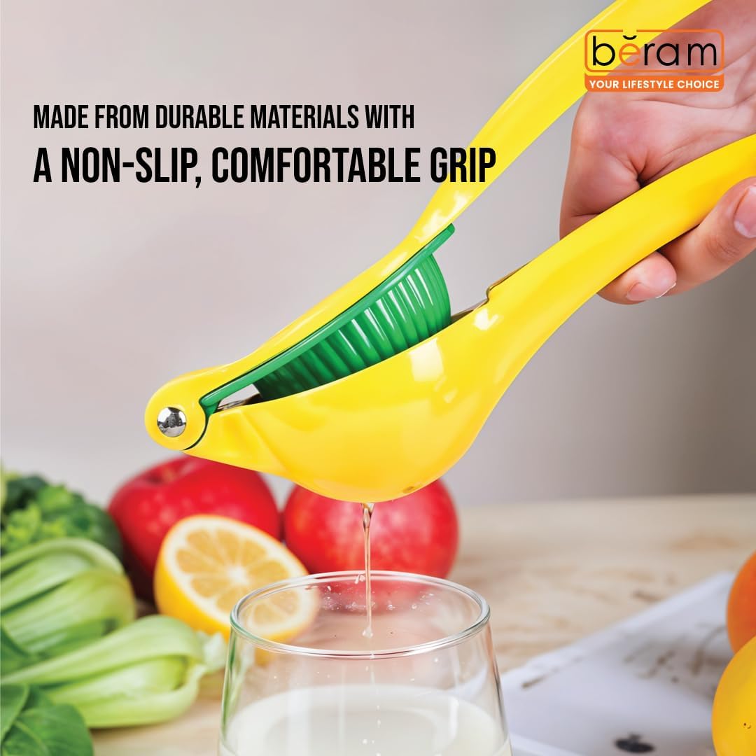 BERAM Lemon Lime Squeezer, 2 in 1, Heavy Duty Metal, Manual Hand Juicer Press for Citrus Fruit, No Pulp or Seeds, Dishwasher Safe, Premium Quality Juicing Kitchen Tool