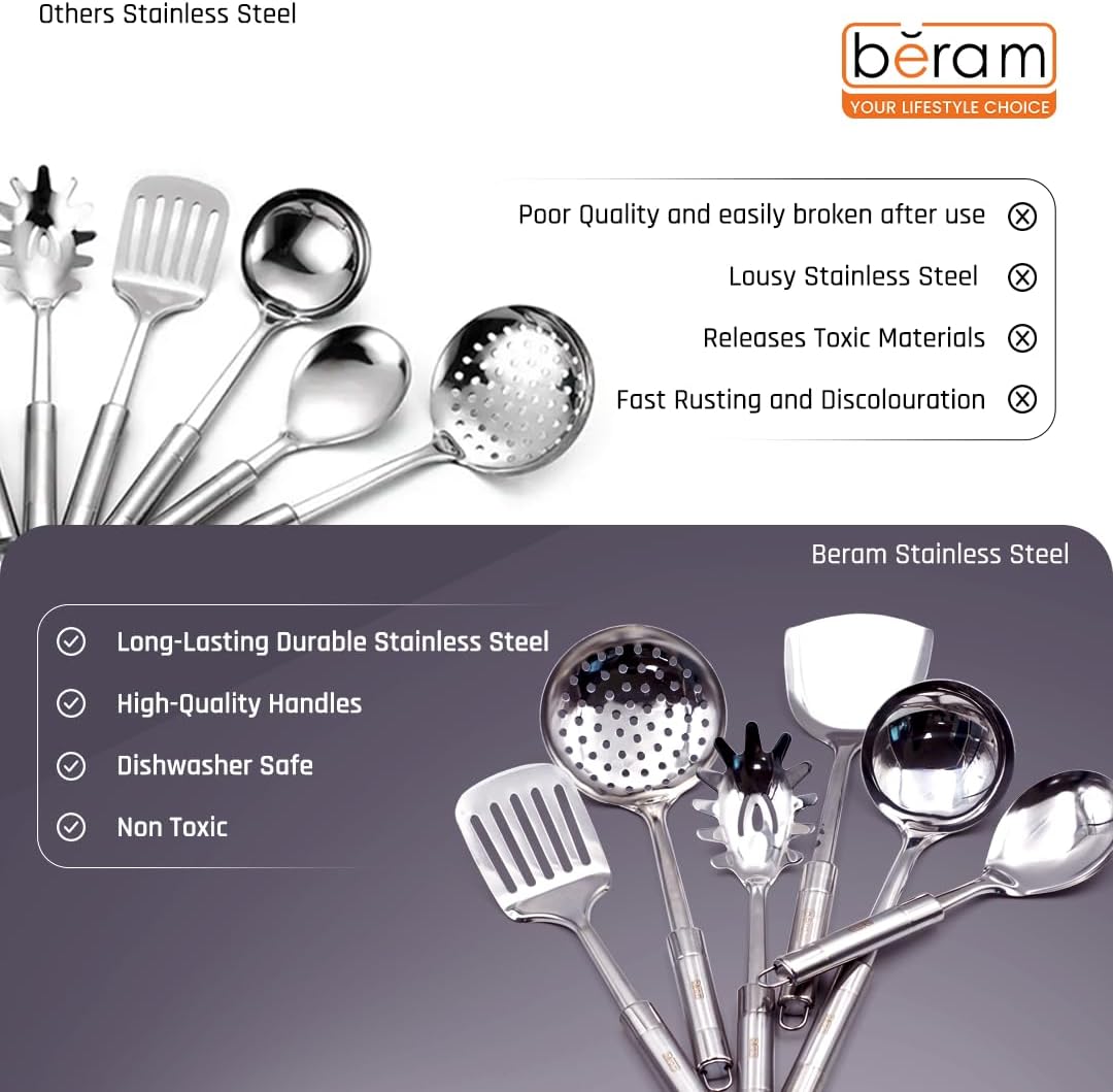 BERAM Stainless Steel Cooking Utensils Set – 6-Piece Kitchen Tool Set with Pasta Server, Turner, Spatula, Skimmer, Rice Scoop & Soup Ladle – Durable Matte Silver Cookware Utensils