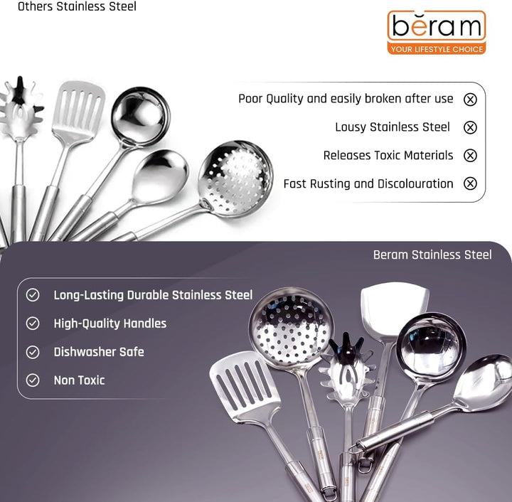 BERAM Stainless Steel Cooking Utensils Set – 6-Piece Kitchen Tool Set with Pasta Server, Turner, Spatula, Skimmer, Rice Scoop & Soup Ladle – Durable Matte Silver Cookware Utensils