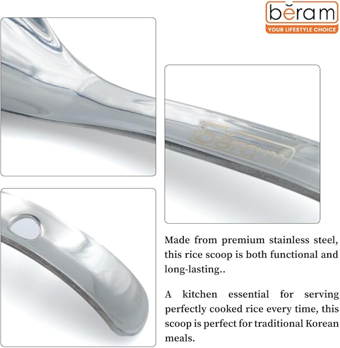 BERAM Stainless Steel Rice Scoop, Traditional Korean Cooking Utensil, Kitchen Tool, 100% Food Grade, Non-Stick, Compact, Lightweight, Elegant Design, Silver
