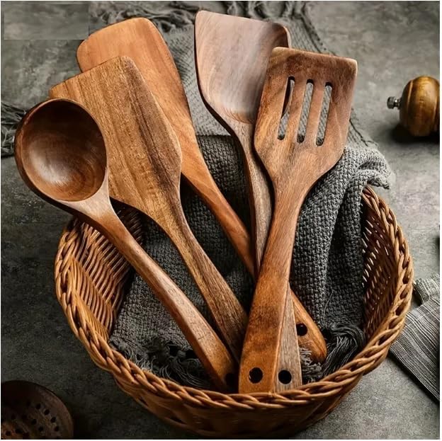 Beram 6-Piece Wooden Cooking Utensils Set With Spatula  Turner  Soup Ladle  Pasta Server Rice Scoop and Skimmer  Durable and Eco-Friendly Kitchen Tools for Daily Use