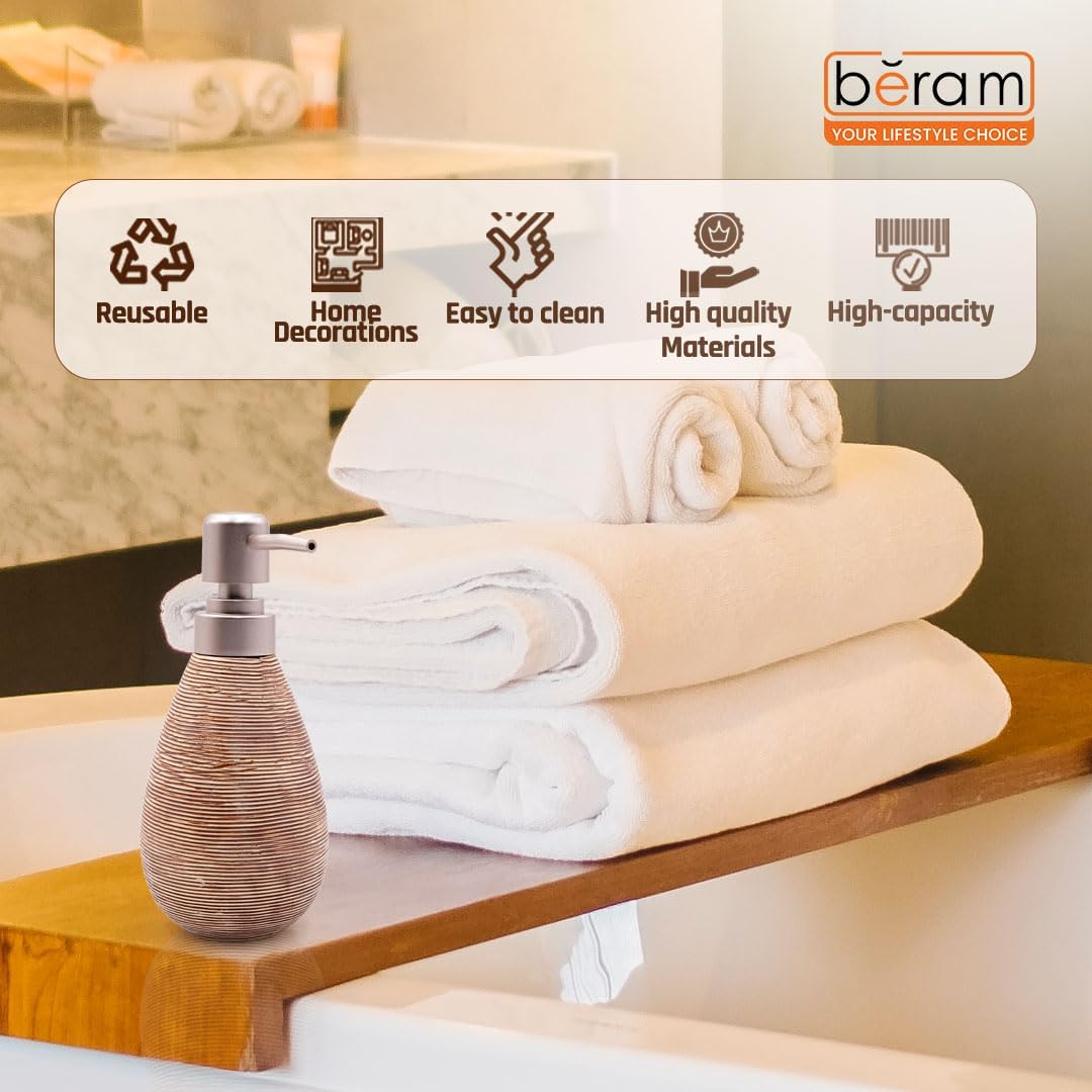 Beram 5PCS Brown Ceramic Bathroom Kitchen Accessory Set Natural Textured Design with Soap Dispenser brush Holder Tumbler Multifunction Holder & Soap Dish Rustic Boho Style (5PCS Set)
