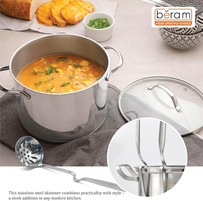 BERAM Skimmer Strainer Stainless Steel Wall Hanging Handle Design Skimmer Soup Ladle Elegant Design Cooking Utensils Kitchen Tool for Frying Straining and Draining