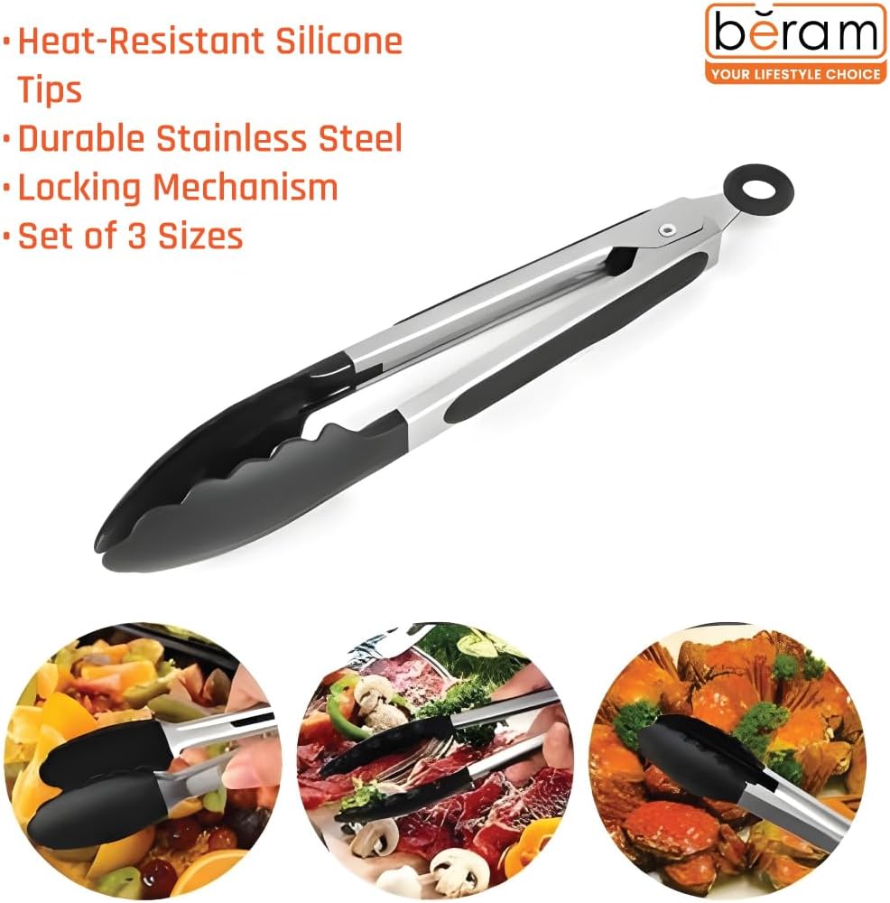 BERAM 270°C Heat Resistant Kitchen Tongs Set of 3- 18/8 Stainless Steel Tongs with Non Stick Silicone Tips 12,9,7 inch for Grilling BBQ Frying Salad and Food Serving Durable Locking Tongs Black
