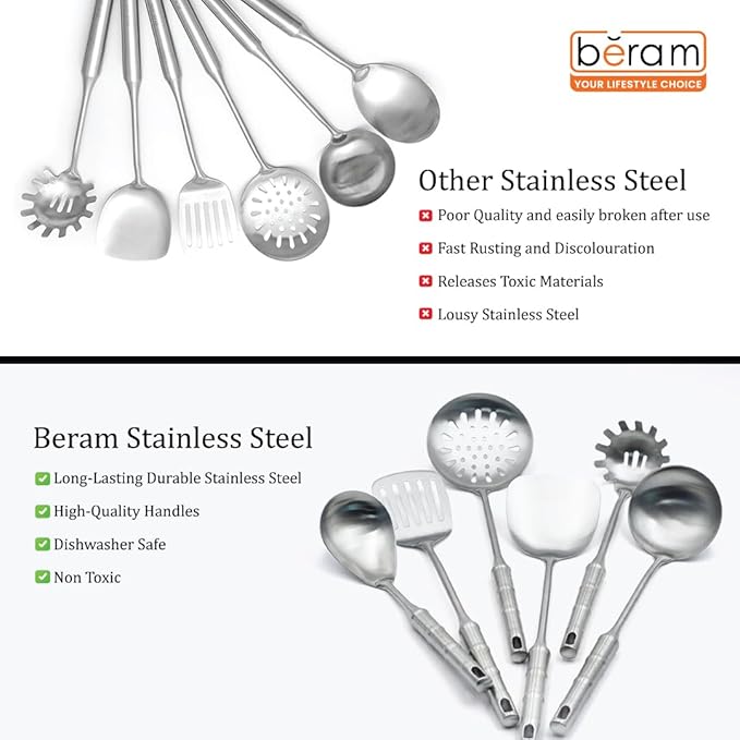 BERAM Cooking Utensils Set, 304 Stainless Steel, 6 Pieces, Soup Spoon, Spatula, Slotted Turner, Rice Scoop, Pasta Server, Skimmer, Food Grade, Kitchen Tools with Bamboo Shaped Handles