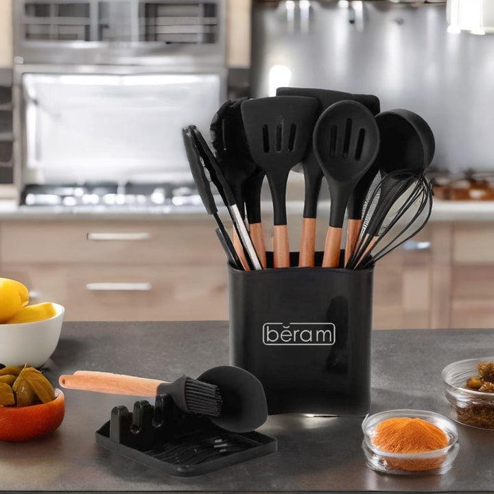 BERAM Silicone Cooking Utensil Set, 13 Pieces, Wooden Handles, Kitchen Spatula Set, Nonstick Cookware, Non Toxic, Heat Resistant, Kitchen Tools Set With Storage Bucket and Lid Rest, Black
