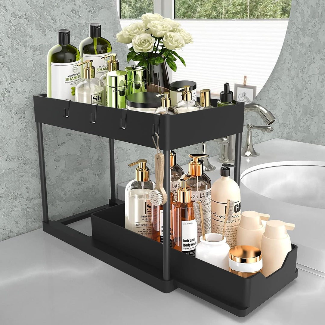 Beram Under Sink Organizer 2-Tier Sliding Cabinet Shelf Rack with Pull Out Drawer Hooks Double Layer Bathroom Kitchen Bedroom Countertop Storage Rack Space Saving Organizer Black